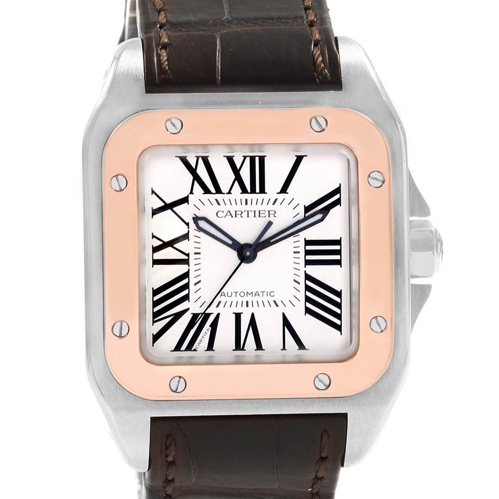 The image shows a front view of the Cartier Santos W20107X7 Men
s Stainless Steel Silver Dial W20107X7 Men
s Stainless Steel Silver Dial watch, highlighting the face, bezel, crown, and leather strap.