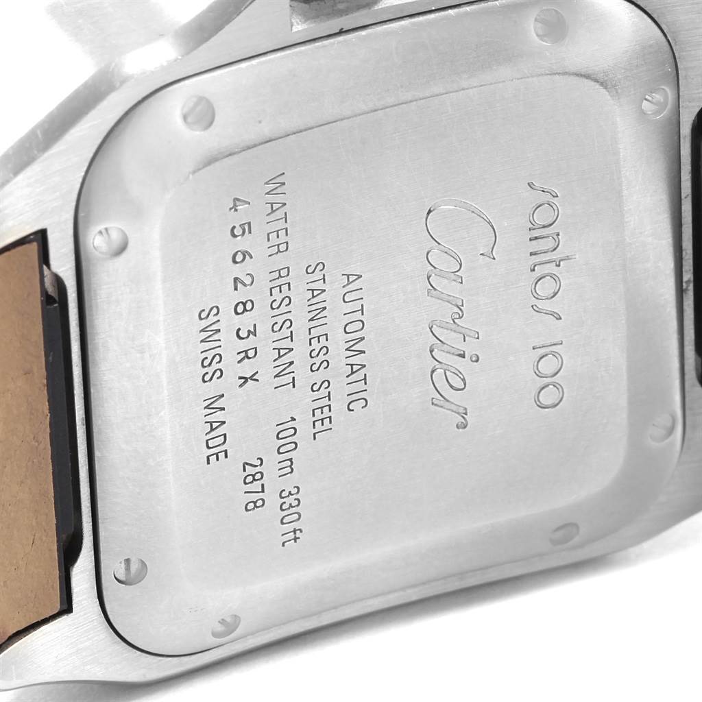 This image shows the back of a Cartier Santos W20107X7 Men
s Stainless Steel Silver Dial W20107X7 Men
s Stainless Steel Silver Dial 100 watch, highlighting its engraved details.