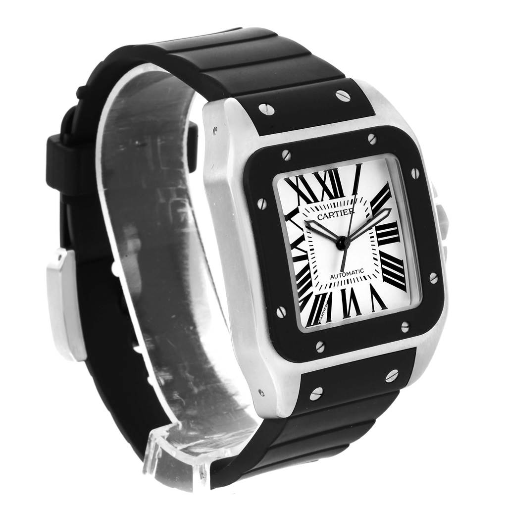 The image shows a side-angle view of the Cartier Santos W20121U2 Men
s Stainless Steel Silver Dial W20121U2 Men
s Stainless Steel Silver Dial watch, highlighting its face, bezel, and black strap.