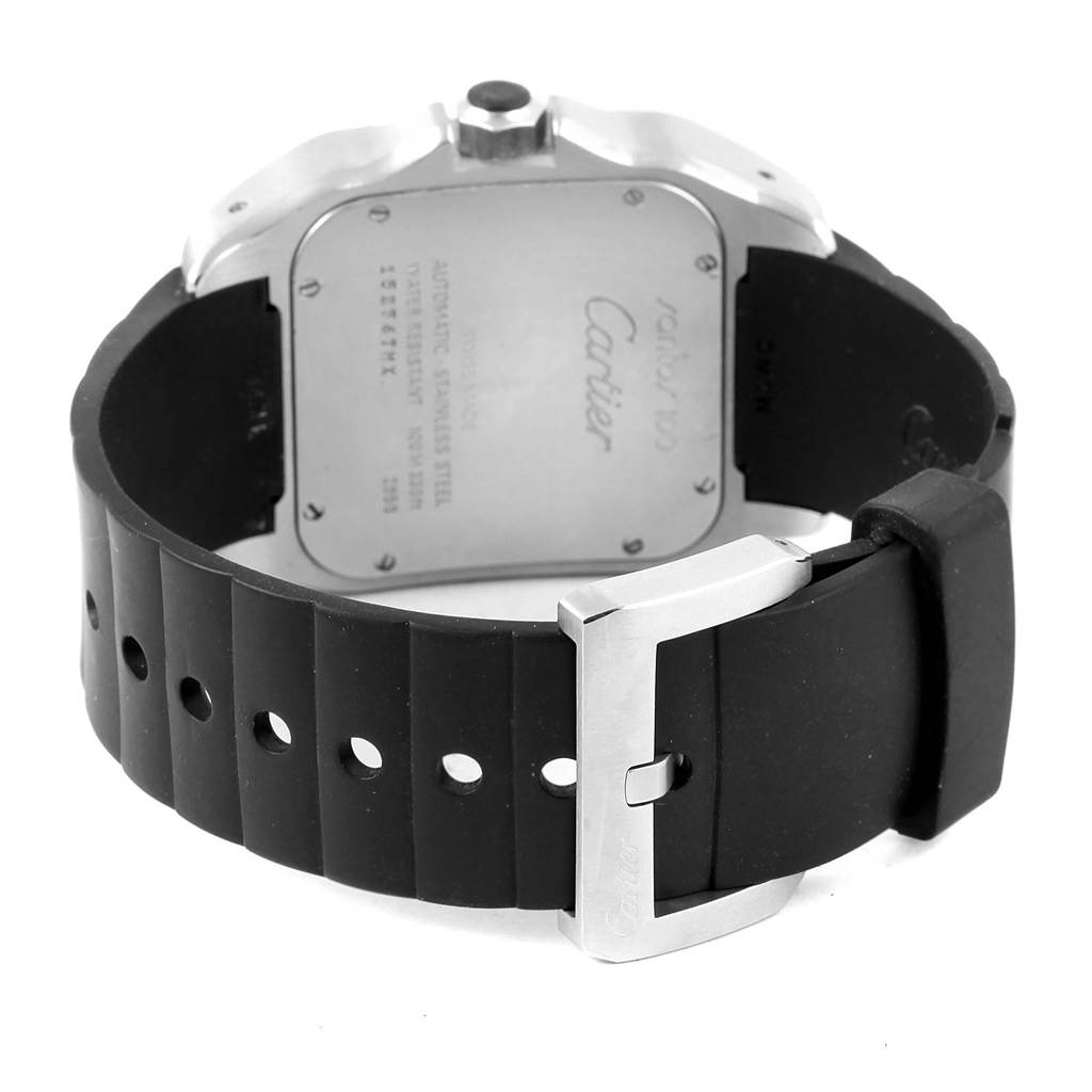 The image shows the back of the Santos model by Cartier, featuring the case back, crown, and black strap with a buckle.