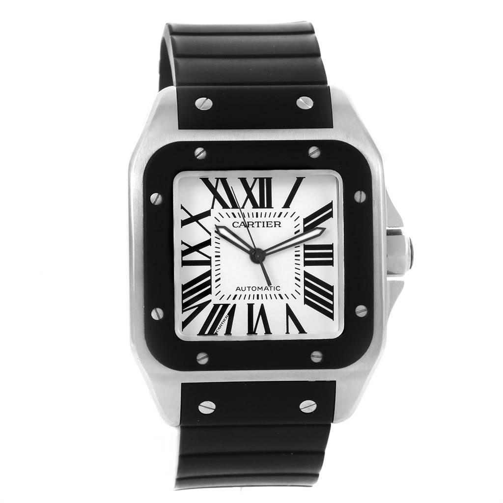 The image shows a front view of a Cartier Santos W20121U2 Men
s Stainless Steel Silver Dial W20121U2 Men
s Stainless Steel Silver Dial watch, highlighting its square face, Roman numerals, and black strap.