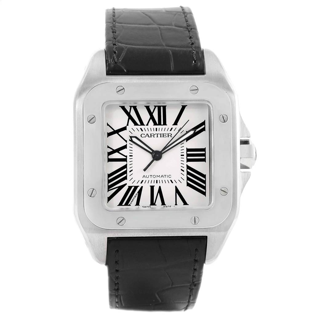 The image shows a front view of a Cartier Santos W20073X8 Men's Stainless Steel Silver Dial W20073X8 Men's Stainless Steel Silver Dial model watch with a black leather strap and a silver case.