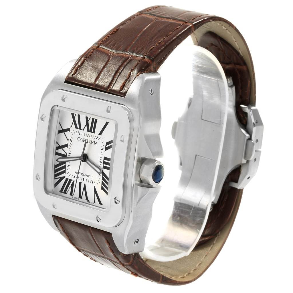 The image shows a side profile of the Santos model watch by Cartier, highlighting its face, crown, and leather strap.