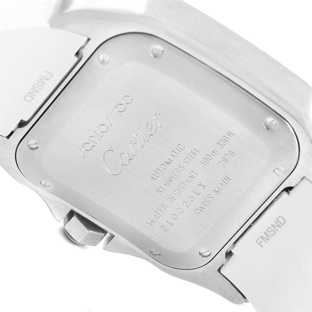 The image shows the back case of a Cartier Santos W20129U2 Women's Stainless Steel Silver Dial W20129U2 Women's Stainless Steel Silver Dial model watch at an angled close-up shot.