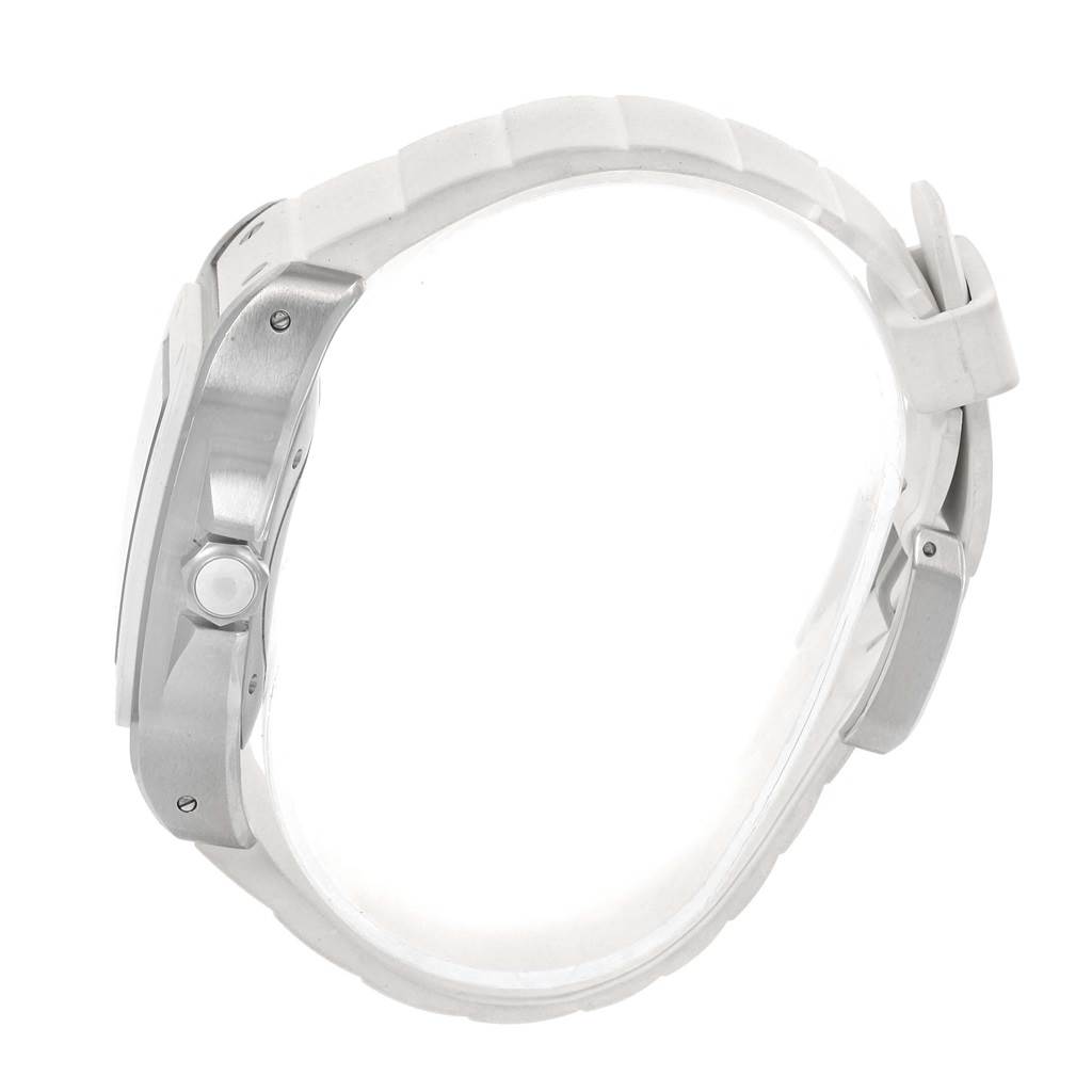 The image shows a side view of a Cartier Santos W20129U2 Women's Stainless Steel Silver Dial W20129U2 Women's Stainless Steel Silver Dial watch, highlighting its crown, case, and part of the strap.