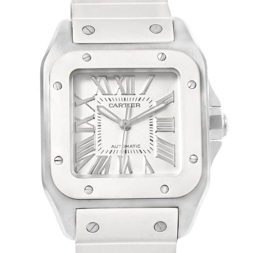 The image shows a close-up of the dial, bezel, and part of the bracelet of a Cartier Santos W20129U2 Women's Stainless Steel Silver Dial W20129U2 Women's Stainless Steel Silver Dial watch.