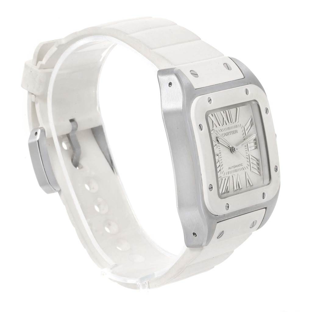 This image shows a Cartier Santos W20129U2 Women's Stainless Steel Silver Dial W20129U2 Women's Stainless Steel Silver Dial watch at a three-quarter angle, highlighting its white strap and bezel.