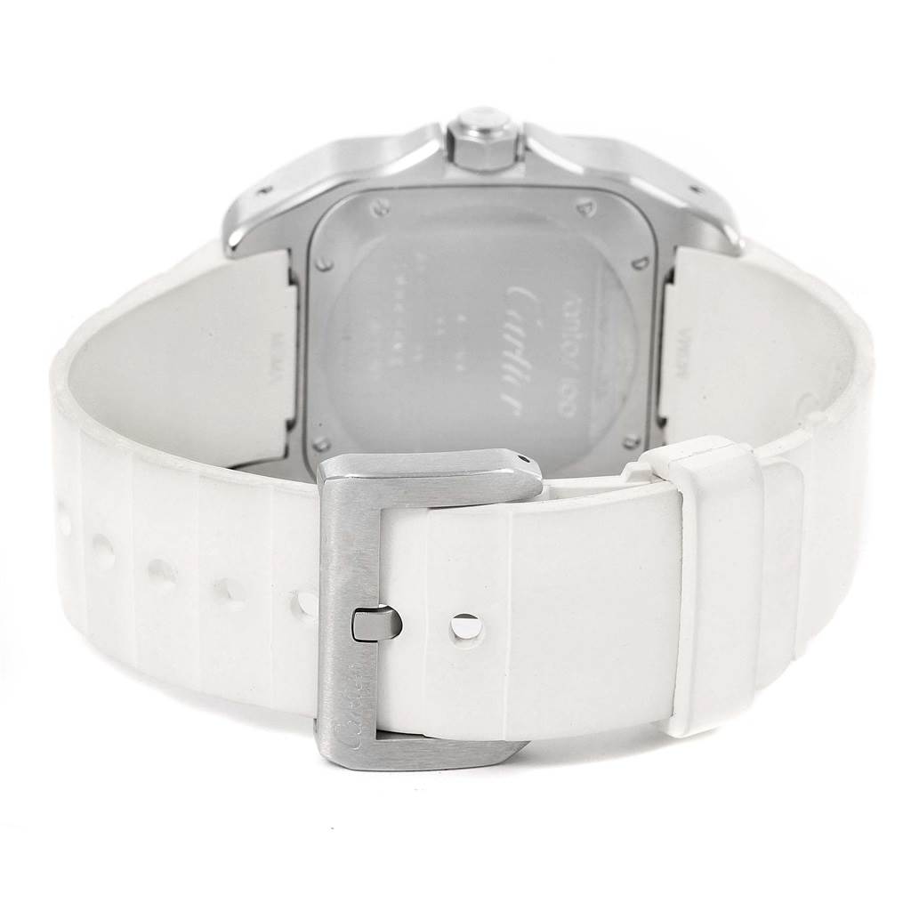 The image shows the back view of a Cartier Santos W20129U2 Women's Stainless Steel Silver Dial W20129U2 Women's Stainless Steel Silver Dial watch with a white strap and metal buckle.