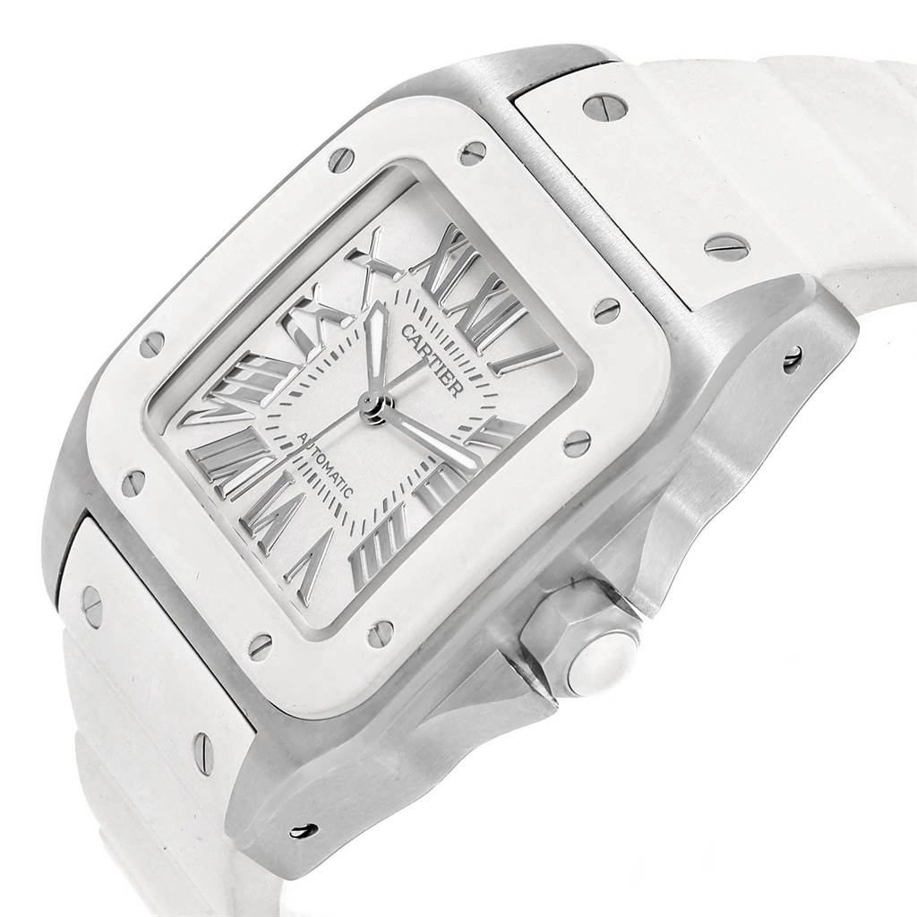 The image shows a Cartier Santos W20129U2 Women's Stainless Steel Silver Dial W20129U2 Women's Stainless Steel Silver Dial watch from an angle highlighting the face, crown, and part of the strap.