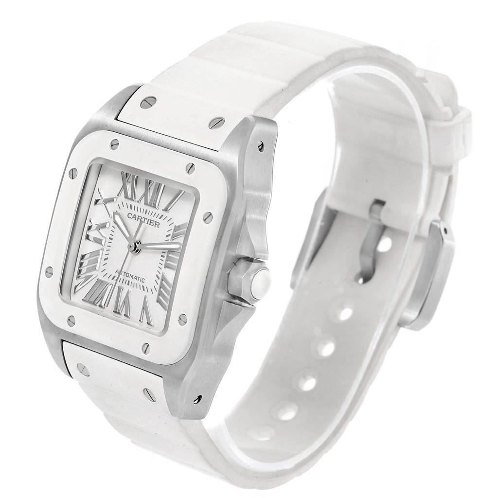 The image shows a three-quarter front view of a Cartier Santos W20129U2 Women's Stainless Steel Silver Dial W20129U2 Women's Stainless Steel Silver Dial watch with its face, bezel, crown, and white strap visible.