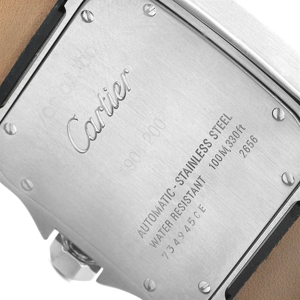 The image shows the back case of a Cartier Santos W20073X8 Men
s Stainless Steel Silver Dial W20073X8 Men
s Stainless Steel Silver Dial watch, highlighting brand engravings and specifications.