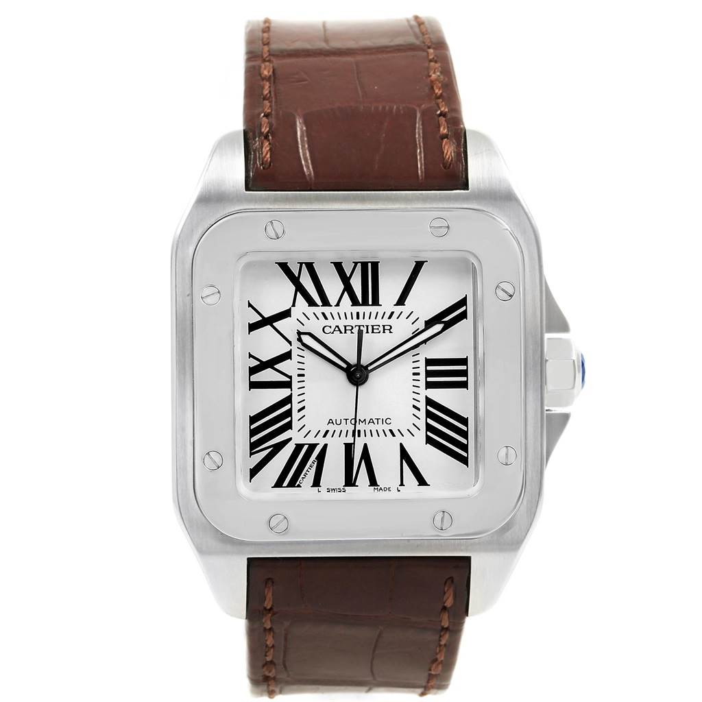 The image shows a front-facing angle of a Cartier Santos W20073X8 Men
s Stainless Steel Silver Dial W20073X8 Men
s Stainless Steel Silver Dial watch with a brown leather strap.
