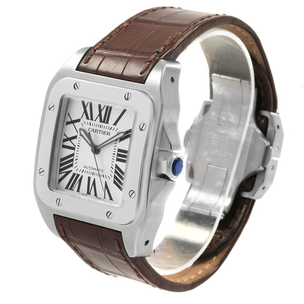 This image shows a Cartier Santos W20073X8 Men
s Stainless Steel Silver Dial W20073X8 Men
s Stainless Steel Silver Dial watch from a front-left angle, highlighting the dial, case, bezel, crown, leather strap, and buckle.