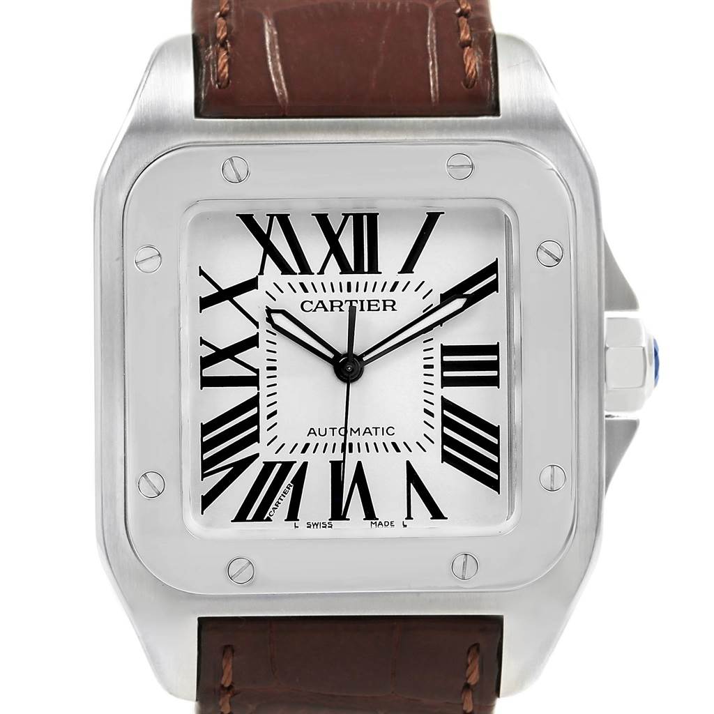 This image shows a front view of a Cartier Santos W20073X8 Men
s Stainless Steel Silver Dial W20073X8 Men
s Stainless Steel Silver Dial watch, highlighting its dial, bezel, and leather strap.