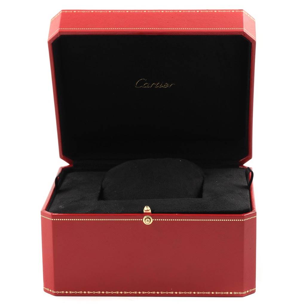 This is an open red Cartier watch box for the Santos model, showcasing the interior.