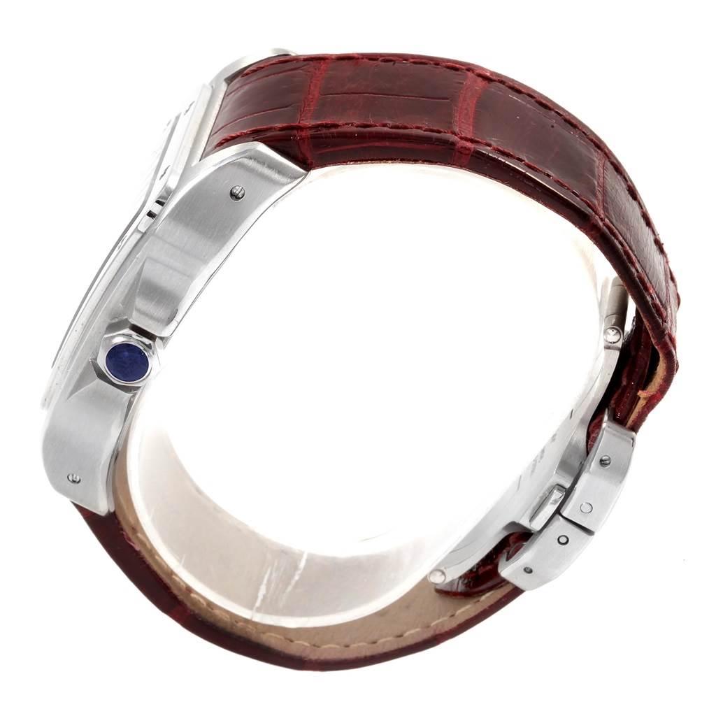 This image shows a side view of a Cartier Santos W20073X8 Men's Stainless Steel Silver Dial W20073X8 Men's Stainless Steel Silver Dial watch, focusing on the case, crown, and leather strap.