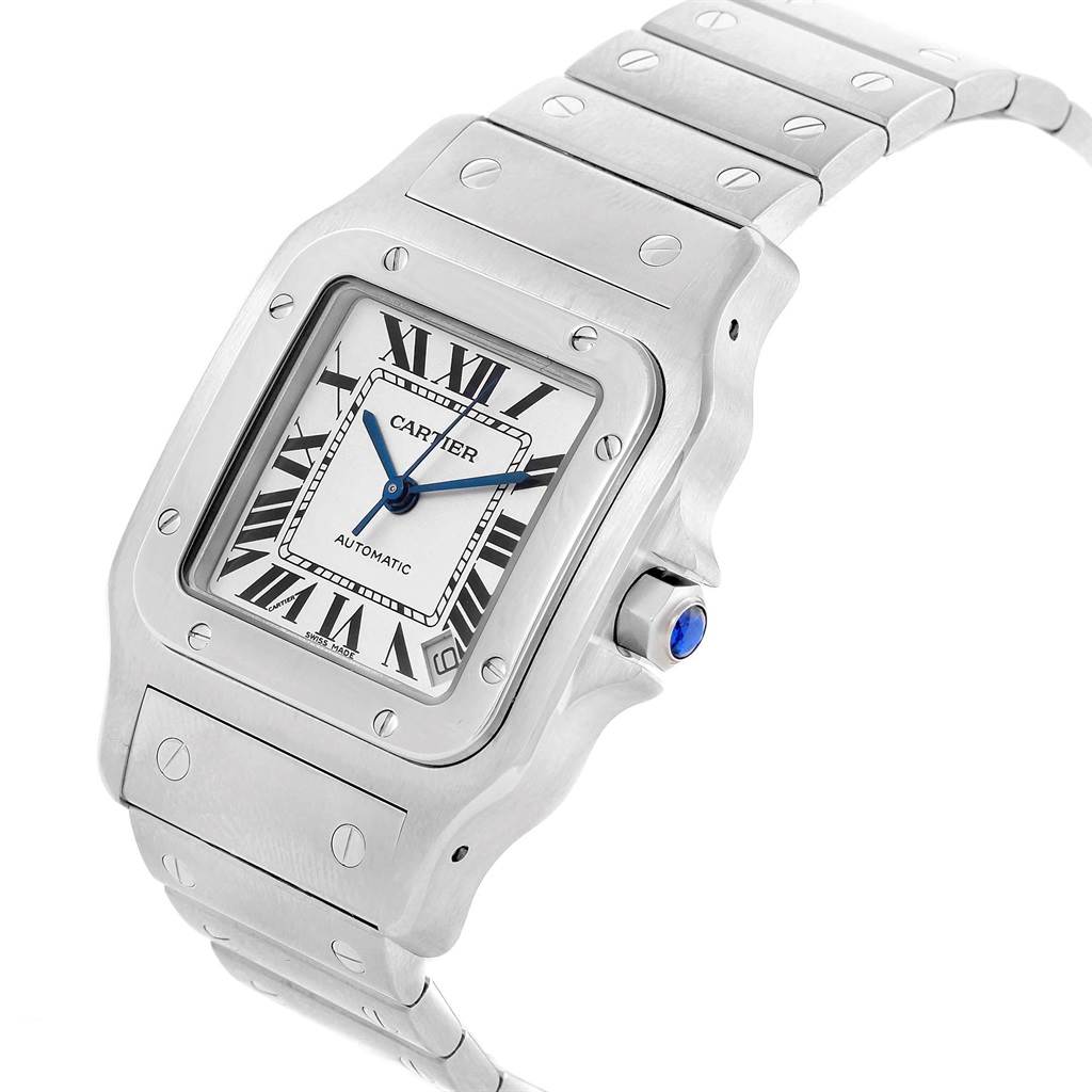 The Cartier Santos W20098D6 Men
s Stainless Steel Silver Dial W20098D6 Men
s Stainless Steel Silver Dial watch is shown at a slight angle, featuring the face, bezel, crown, and a portion of the bracelet.