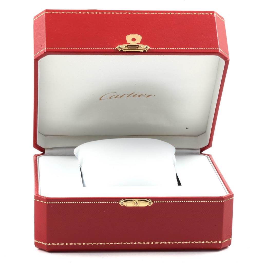 This image shows a Cartier Santos 1566 Stainless Steel Silver Dial 1566 Stainless Steel Silver Dial model watch
s red and white padded presentation case, photographed from the front with the lid open.