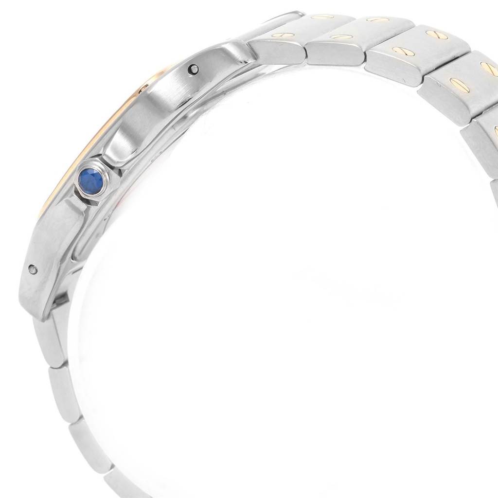 This image shows a side view of the Cartier Santos 1566 Stainless Steel Silver Dial 1566 Stainless Steel Silver Dial watch, highlighting the crown and part of the bracelet.