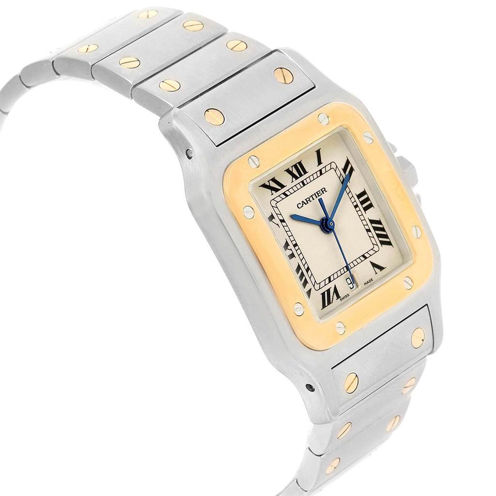 The image shows a Cartier Santos 1566 Stainless Steel Silver Dial 1566 Stainless Steel Silver Dial watch at an oblique angle, highlighting the bezel, face, and part of the bracelet.