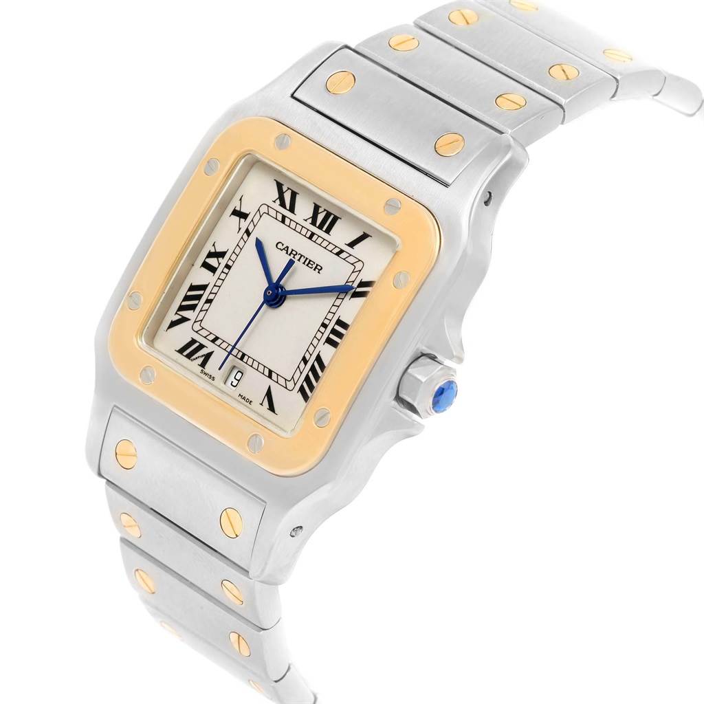 This image shows a Cartier Santos 1566 Stainless Steel Silver Dial 1566 Stainless Steel Silver Dial watch from a three-quarter angle, displaying the face, bezel, and part of the band.