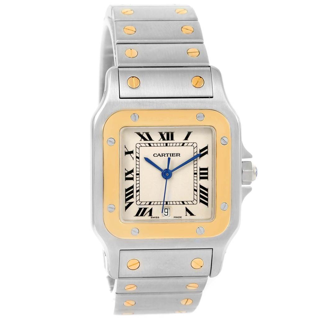 The image shows a Cartier Santos 1566 Stainless Steel Silver Dial 1566 Stainless Steel Silver Dial watch, featuring its square face, gold bezel, and part of the metal bracelet at a frontal angle.