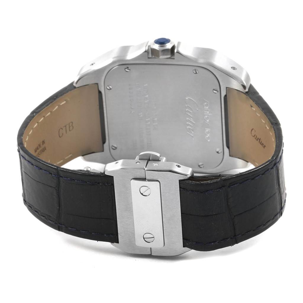 The image shows the back and clasp of a Cartier Santos W20073X8 Men's Stainless Steel Silver Dial W20073X8 Men's Stainless Steel Silver Dial watch, highlighting the case and leather strap.