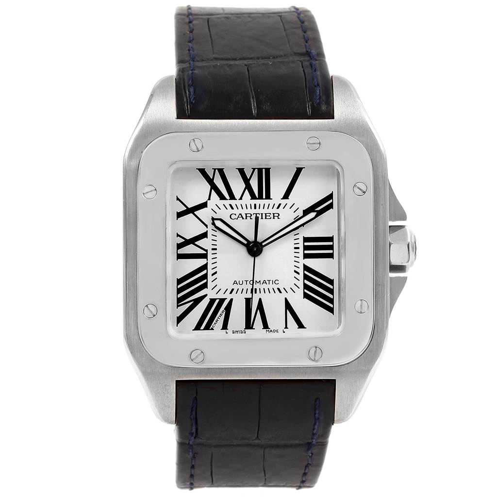 This image shows the front view of a Cartier Santos W20073X8 Men's Stainless Steel Silver Dial W20073X8 Men's Stainless Steel Silver Dial watch with a square face, Roman numerals, and a black leather strap.