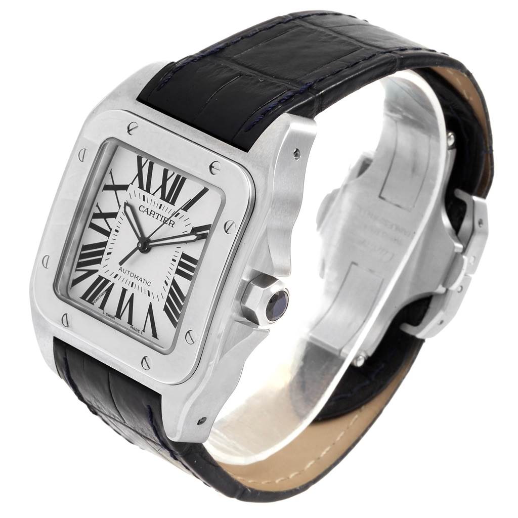 The image shows a Cartier Santos W20073X8 Men's Stainless Steel Silver Dial W20073X8 Men's Stainless Steel Silver Dial watch at a slight angle, highlighting its face, bezel, and leather strap.
