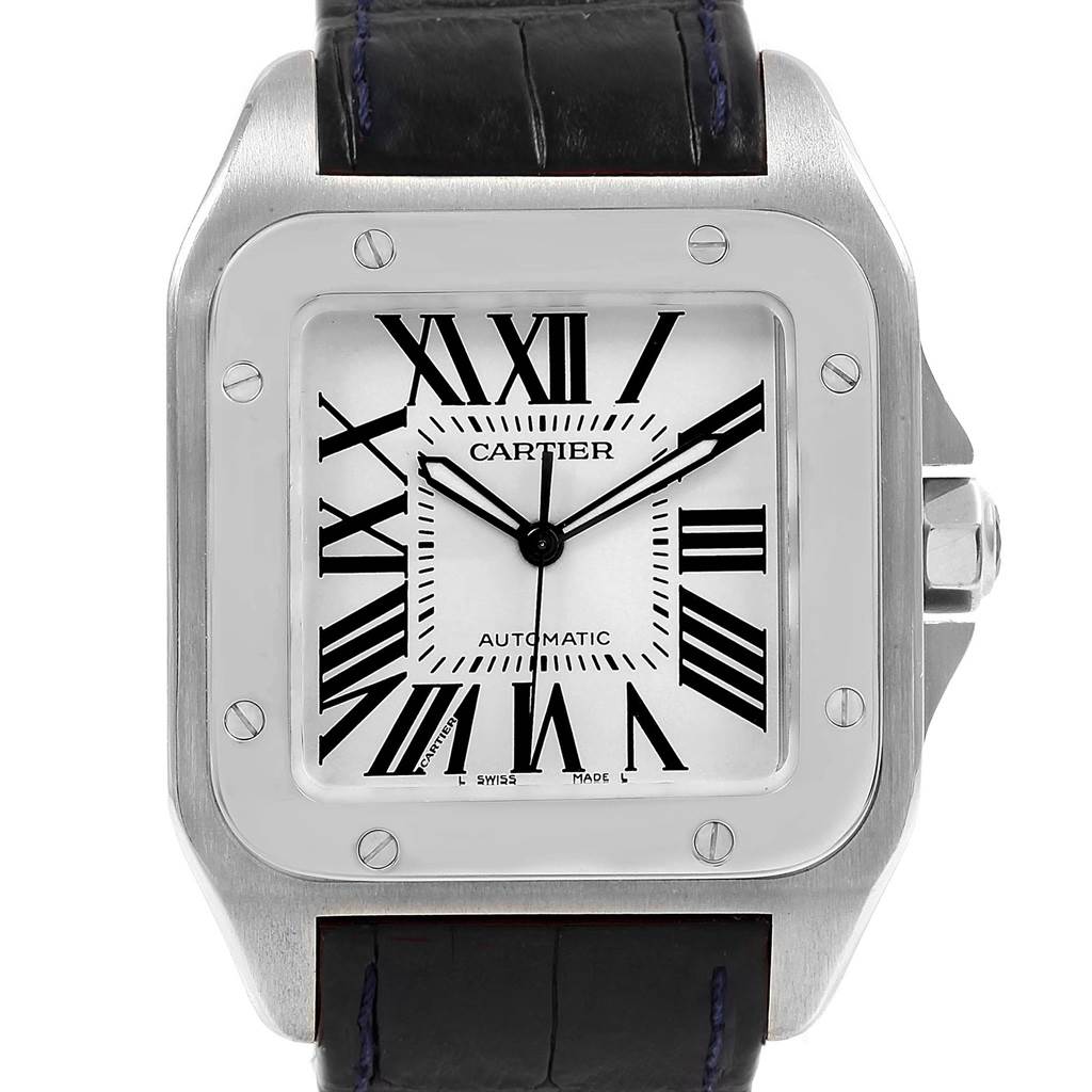 The image shows a front view of the Cartier Santos W20073X8 Men's Stainless Steel Silver Dial W20073X8 Men's Stainless Steel Silver Dial watch, highlighting its square face, Roman numerals, and leather strap.