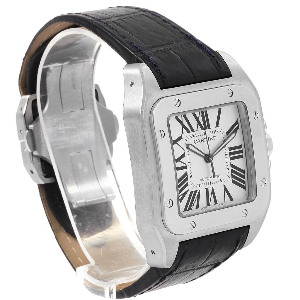 The image shows a front and partial side view of a Cartier Santos W20073X8 Men's Stainless Steel Silver Dial W20073X8 Men's Stainless Steel Silver Dial watch, highlighting the face, bezel, and black leather strap.