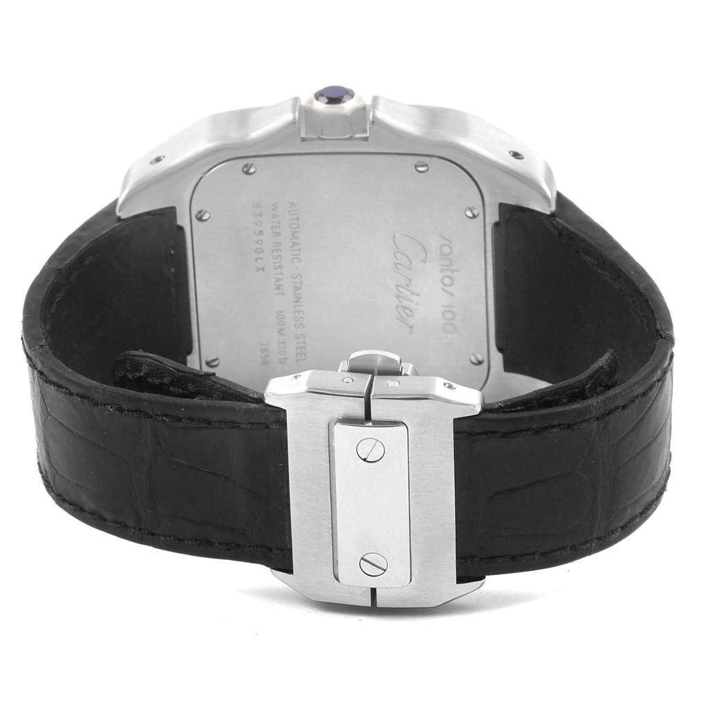 The image shows the back view of a Cartier Santos W20073X8 Men
s Stainless Steel Silver Dial W20073X8 Men
s Stainless Steel Silver Dial watch, displaying the case back and black leather strap with a clasp.