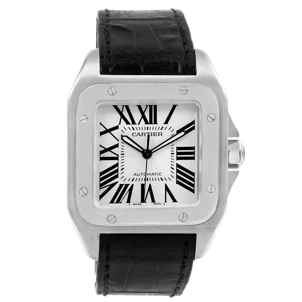 The image displays a front view of a Cartier Santos W20073X8 Men
s Stainless Steel Silver Dial W20073X8 Men
s Stainless Steel Silver Dial watch, showing the face, case, bezel, and strap.