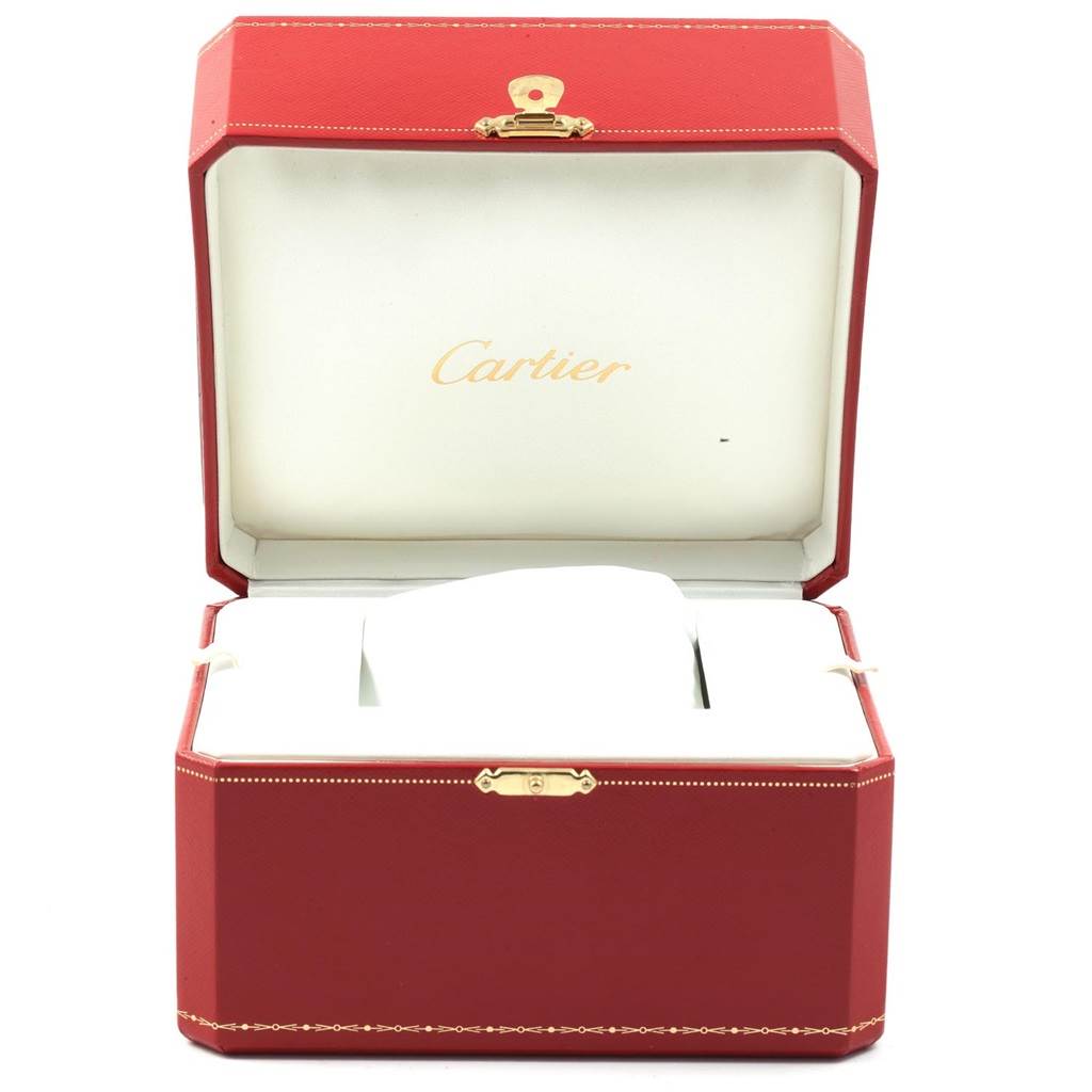This image shows an open red Cartier box for the Santos model watch.