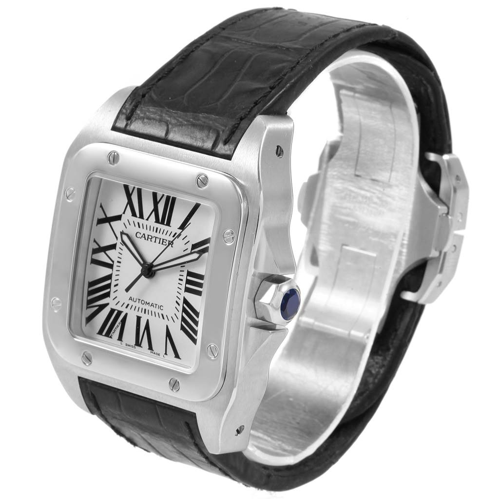 The Cartier Santos W20073X8 Men
s Stainless Steel Silver Dial W20073X8 Men
s Stainless Steel Silver Dial watch is shown at a front-left angle, displaying its face, case, crown, and strap.