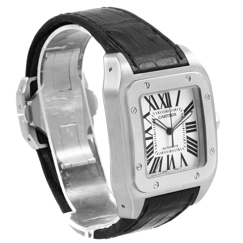 This Cartier Santos W20073X8 Men
s Stainless Steel Silver Dial W20073X8 Men
s Stainless Steel Silver Dial watch is shown at a slight angle, displaying the face, bezel, case, and leather strap.