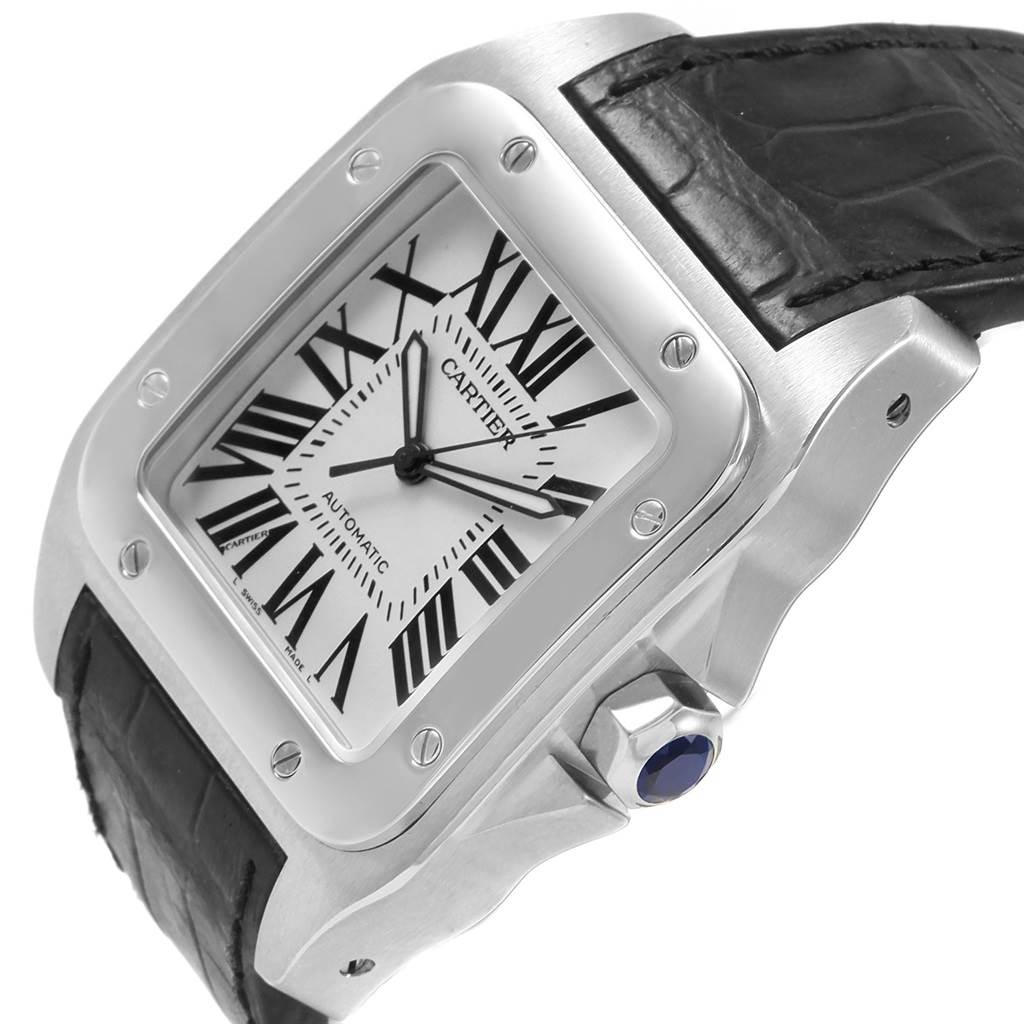 This image shows a close-up, side angle of the Cartier Santos W20073X8 Men
s Stainless Steel Silver Dial W20073X8 Men
s Stainless Steel Silver Dial watch, highlighting the face, bezel, crown, and black leather strap.