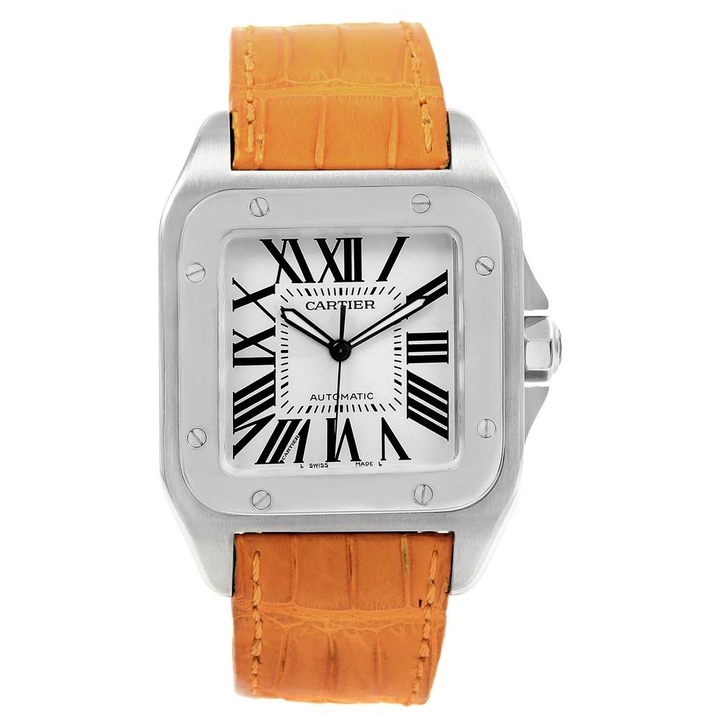 The image shows a front view of a Cartier Santos W20073X8 Men's Stainless Steel Silver Dial W20073X8 Men's Stainless Steel Silver Dial watch with a white dial, Roman numerals, and an orange leather strap.