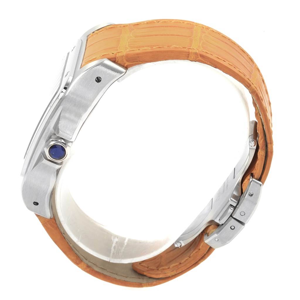 This image shows a side view of the Cartier Santos W20073X8 Men's Stainless Steel Silver Dial W20073X8 Men's Stainless Steel Silver Dial watch, highlighting the crown, case, and leather strap.