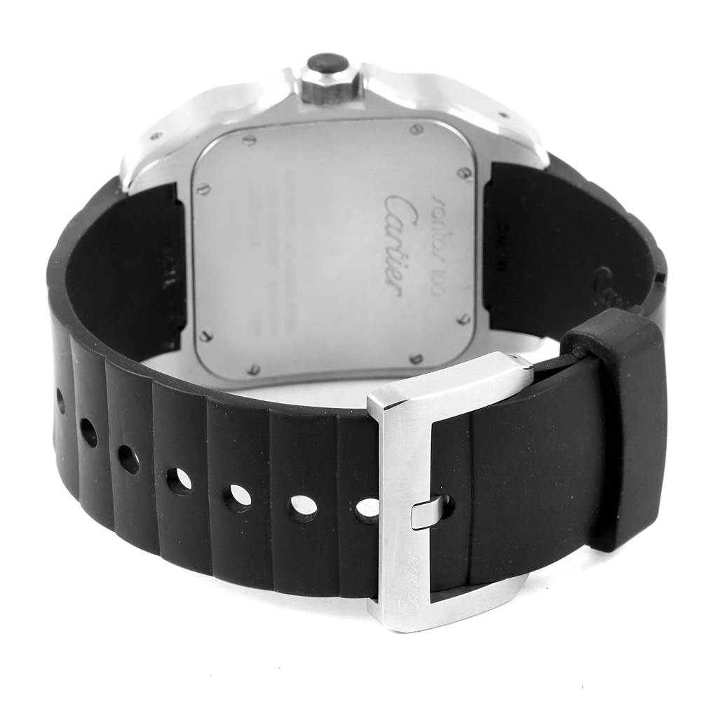 The image shows the back and buckle of the Cartier Santos W20121U2 Men
s Stainless Steel Silver Dial W20121U2 Men
s Stainless Steel Silver Dial watch, highlighting the black strap.
