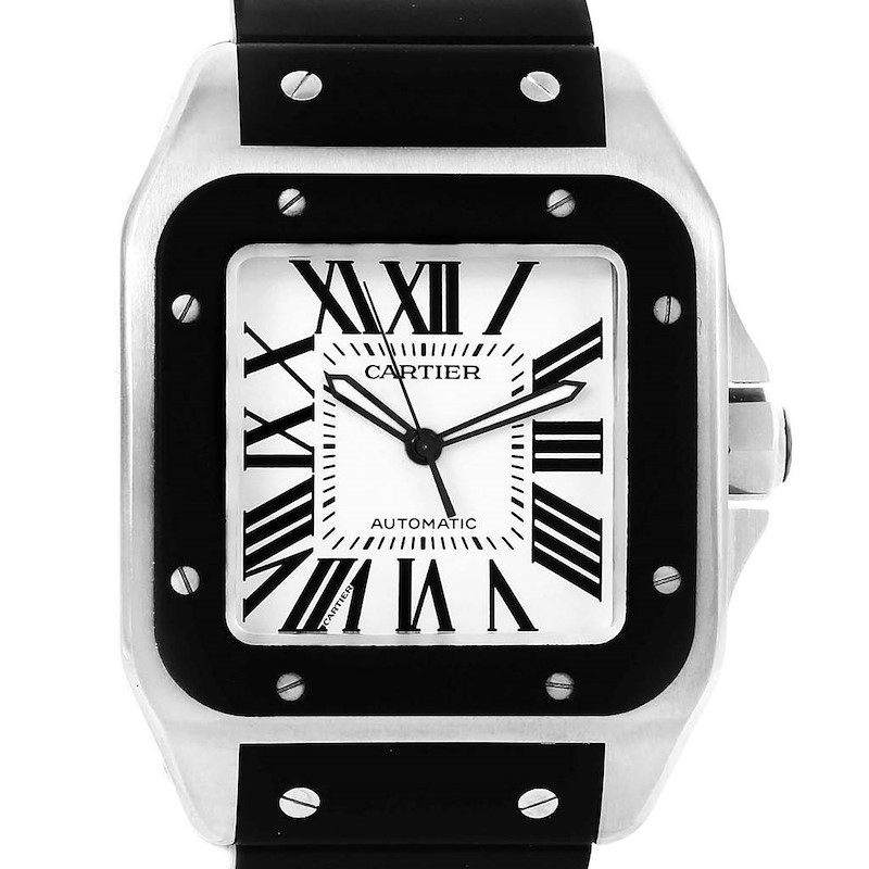 Cartier Santos 100 Stainless Steel Black Rubber Watch W20121U2 SwissWatchExpo
