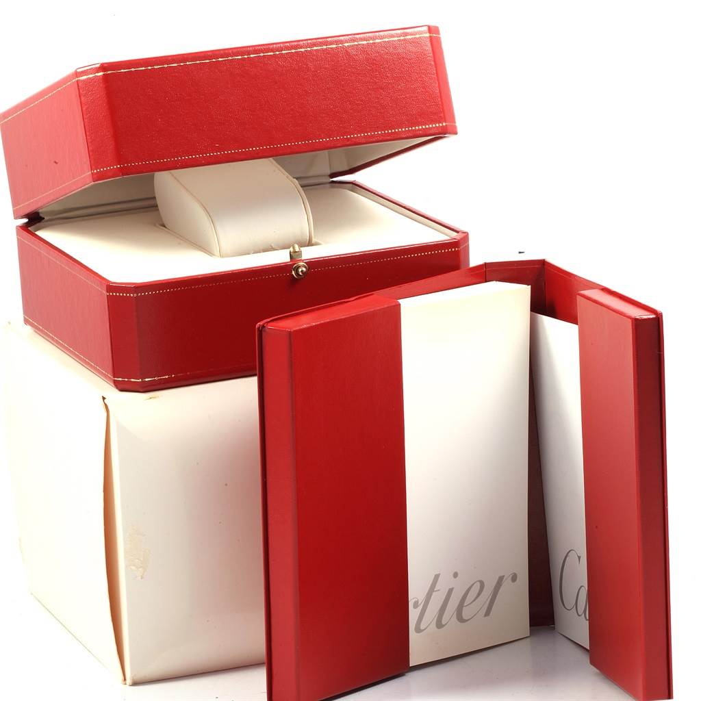 The image shows the open packaging and booklet for a Cartier Santos W20073X8 Men
s Stainless Steel Silver Dial W20073X8 Men
s Stainless Steel Silver Dial watch with the accessories displayed.