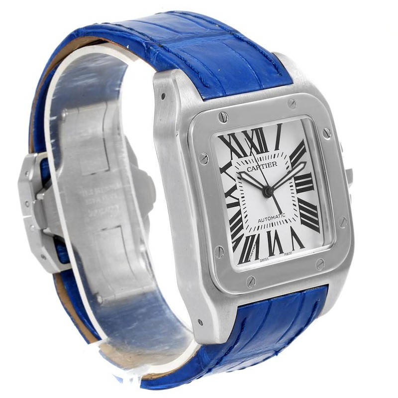 Cartier Santos 100 Silver Dial Blue Strap Steel Mens Watch W20073X8 SwissWatchExpo