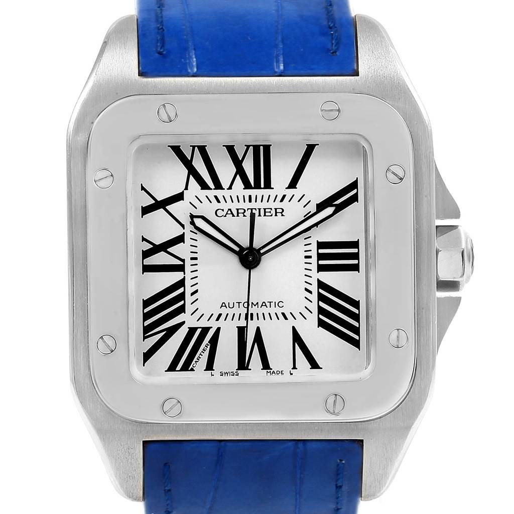 Cartier Santos 100 Silver Dial Blue Strap Steel Mens Watch W20073X8