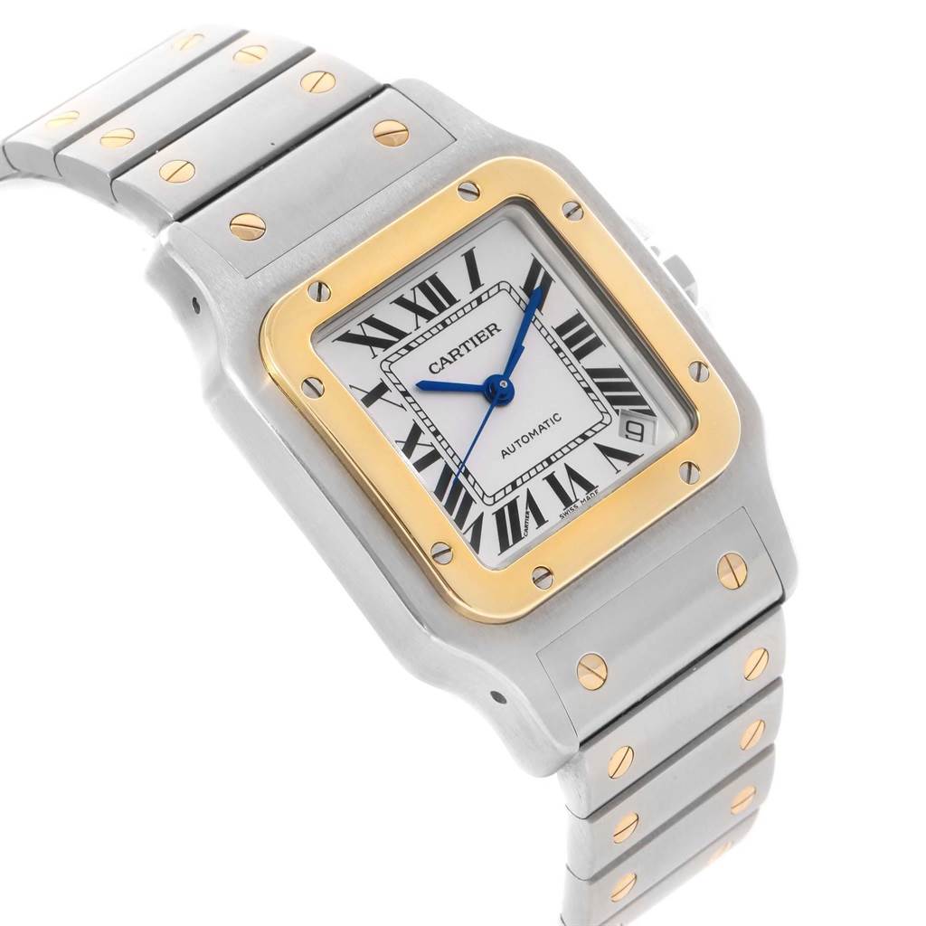 The image shows a Santos model by Cartier from an angled side view, highlighting the watch face, bezel, and bracelet.