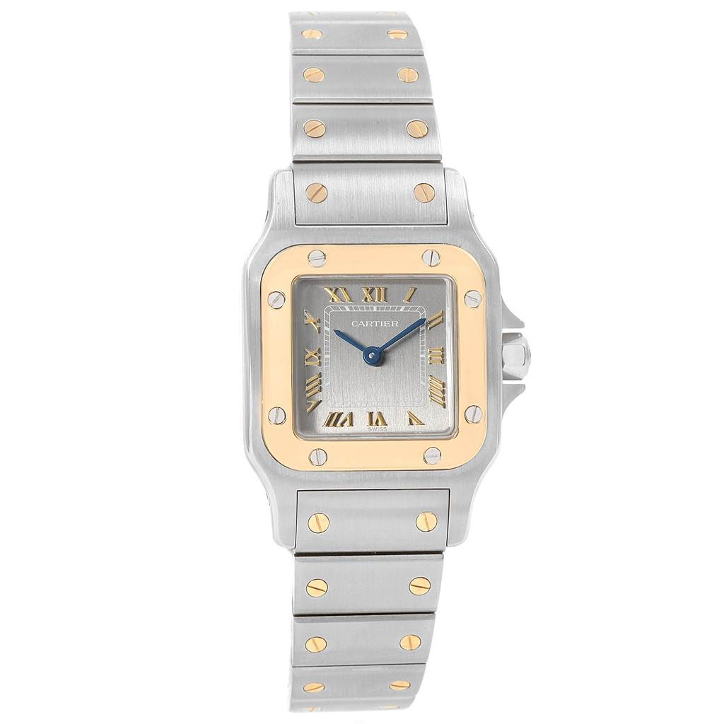 This image shows a front angle of a Cartier Santos 1057930 Stainless Steel Grey Dial 1057930 Stainless Steel Grey Dial watch, highlighting its stainless steel and gold bracelet, square dial, and Roman numeral markers.