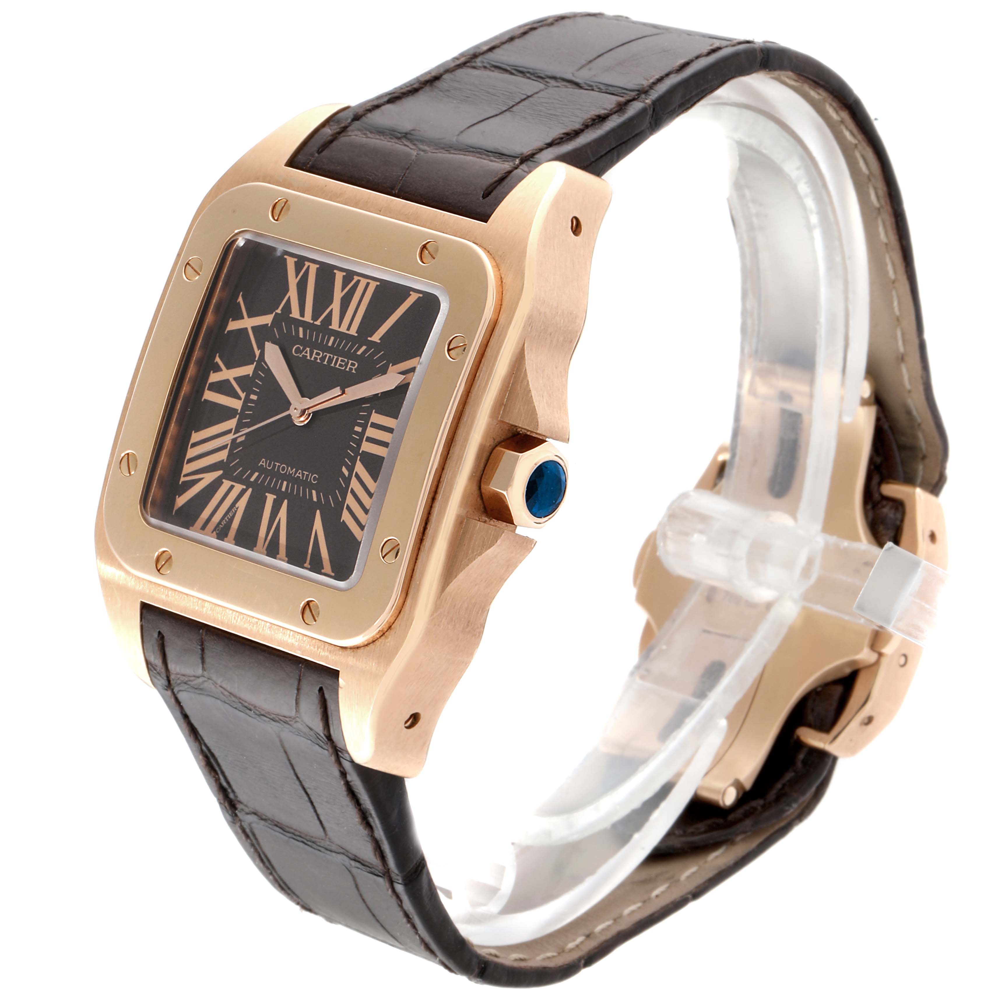 The image shows a Cartier Santos W20127Y1 Men's Rose Gold Brown Dial W20127Y1 Men's Rose Gold Brown Dial watch at an angle emphasizing the front dial, bezel, and leather strap.