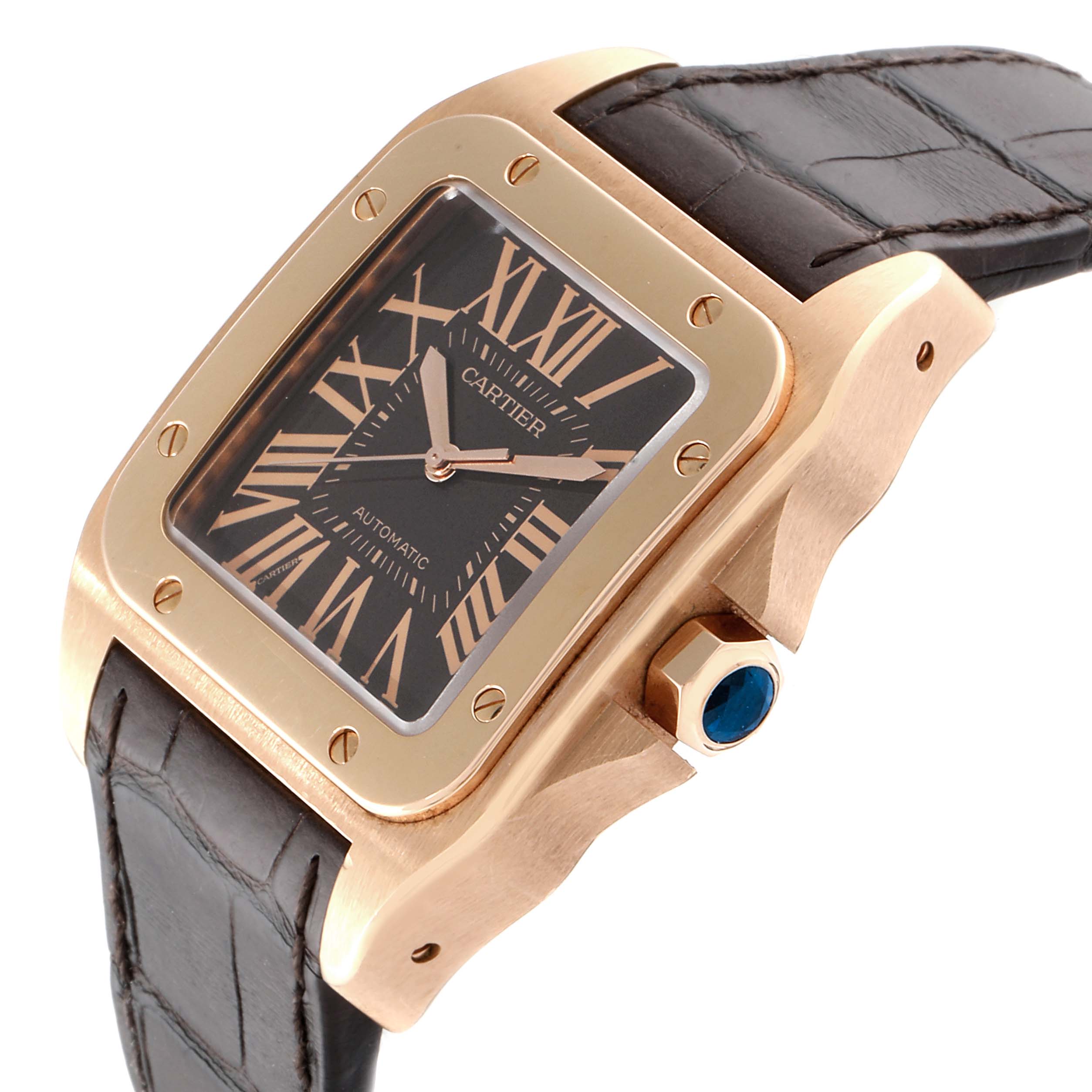 The image shows a side-angle view of the Cartier Santos W20127Y1 Men's Rose Gold Brown Dial W20127Y1 Men's Rose Gold Brown Dial watch, highlighting its rose gold case, crown, and leather strap.