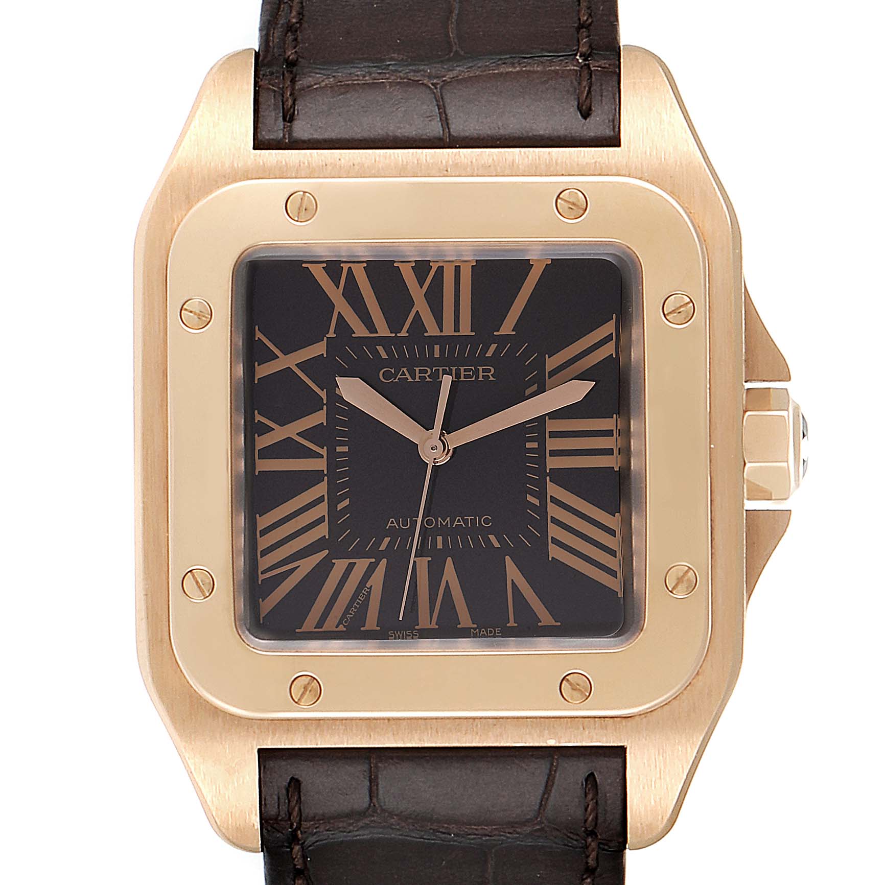 The image shows a front view of a Cartier Santos W20127Y1 Men's Rose Gold Brown Dial W20127Y1 Men's Rose Gold Brown Dial model watch, focusing on its face, bezel, and leather strap.