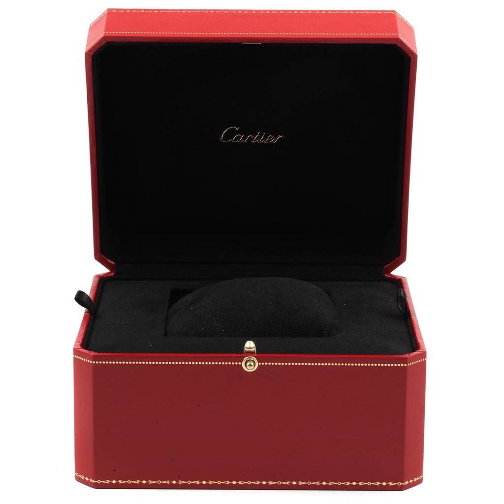 The image shows an open Cartier Santos W20127Y1 Men's Rose Gold Brown Dial W20127Y1 Men's Rose Gold Brown Dial watch box with black interior and a red exterior.